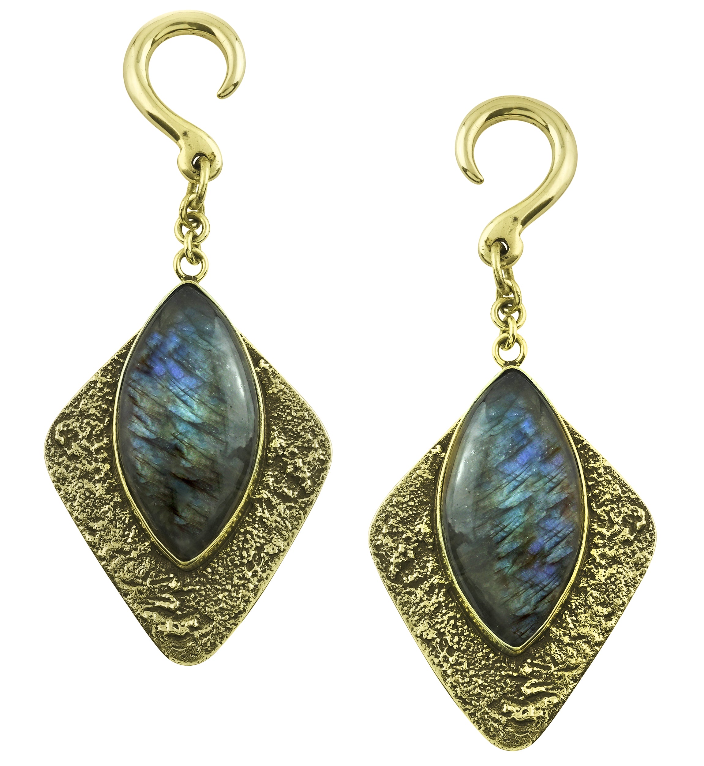 Textured Oval Shield Labradorite Stone Hanging Brass Ear Weights