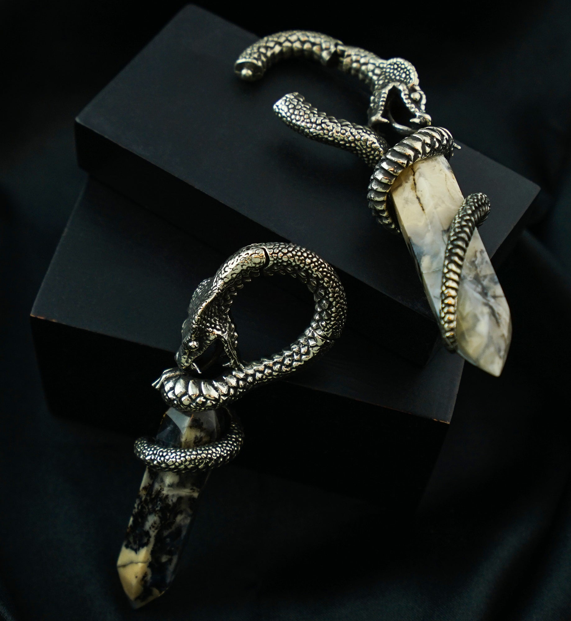 Tiger's Agate Cobra White Brass Hinged Ear Weights