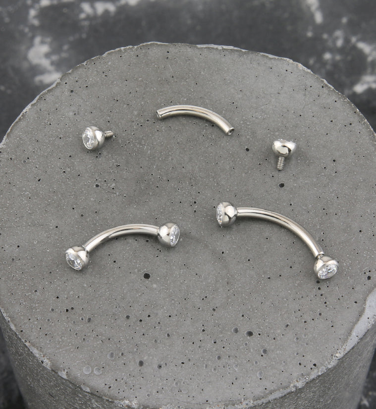Titanium Double Bezel Clear CZ Internally Threaded Curved Barbell