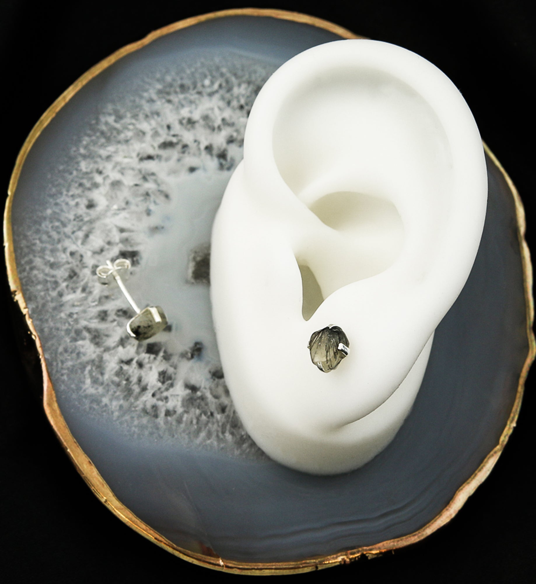 Tourmalated Quartz Stone Prong Set Sterling Silver Earrings