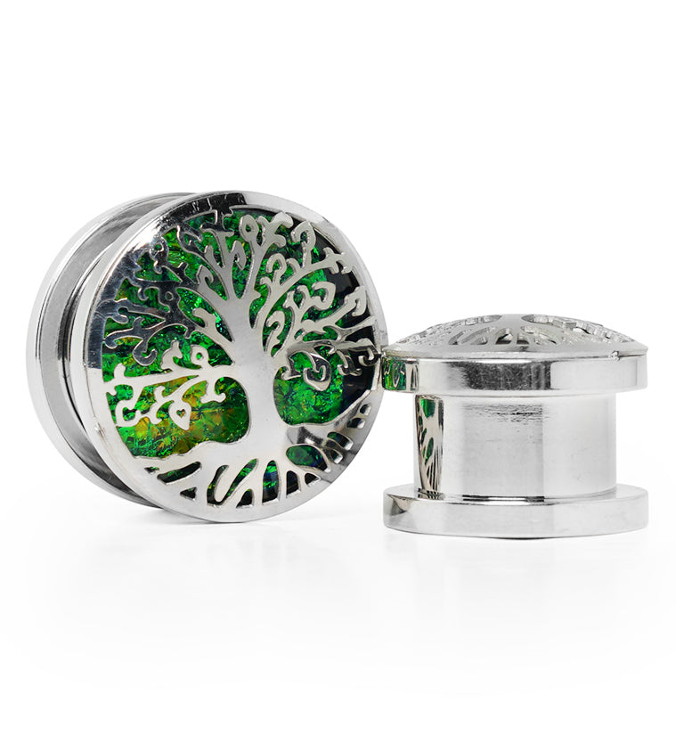 Tree Of Life Green Opalite Stainless Steel Screw Back Tunnel Plugs