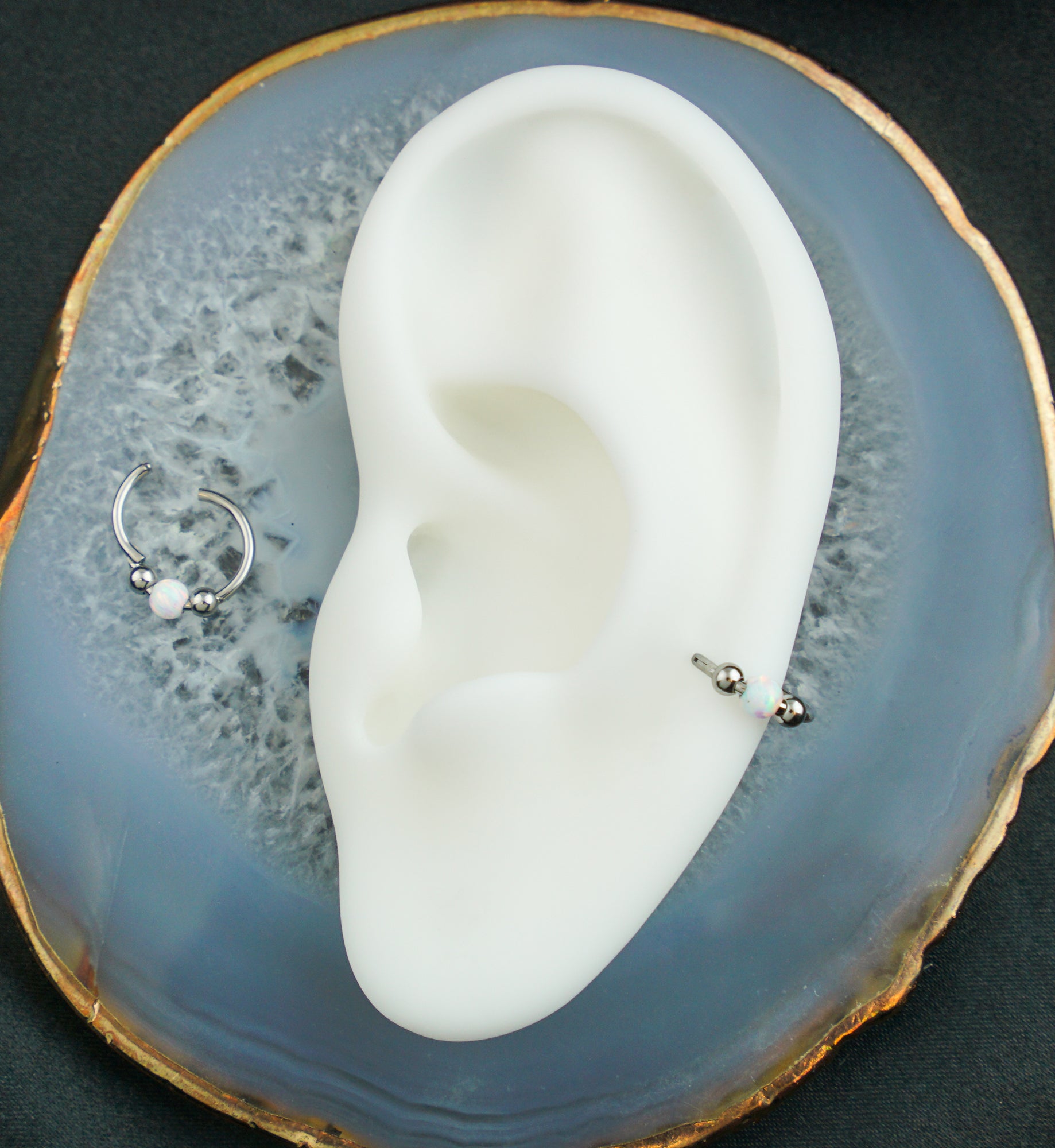 Tri-Ball White Opalite Titanium Hinged Segment Ring