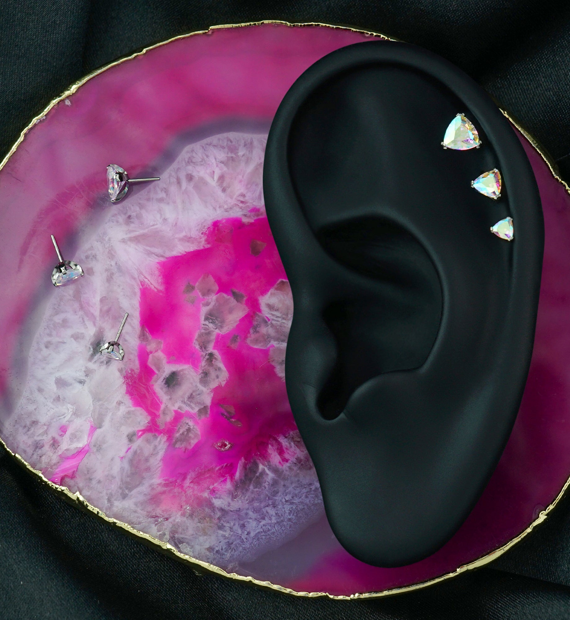 Triangle Trillion Cut Rainbow Aurora CZ Titanium Threadless Top