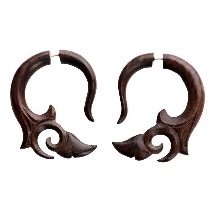 Tribal Leaf Fake Gauges Wood Earrings
