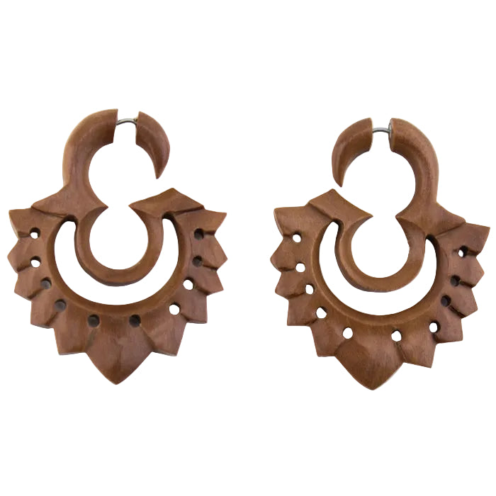 Tribal Shield Saba Wood Fake Gauges Earrings