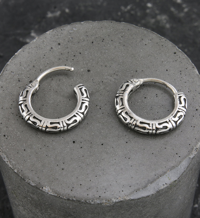 Tribal Stainless Steel Hinged Hoop Earrings