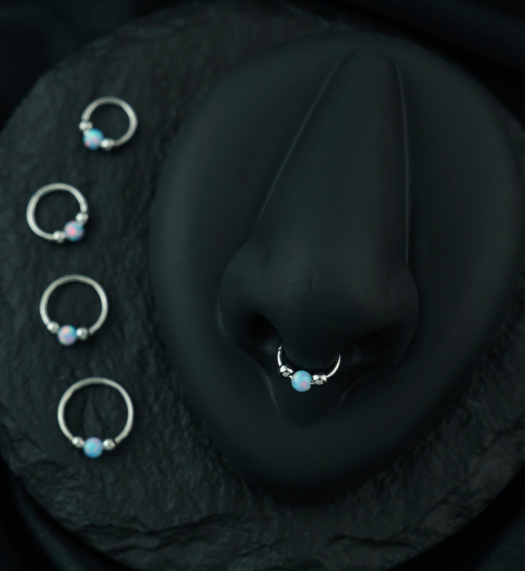 Triple Ball White Opalite Stainless Steel Hinged Segment Ring