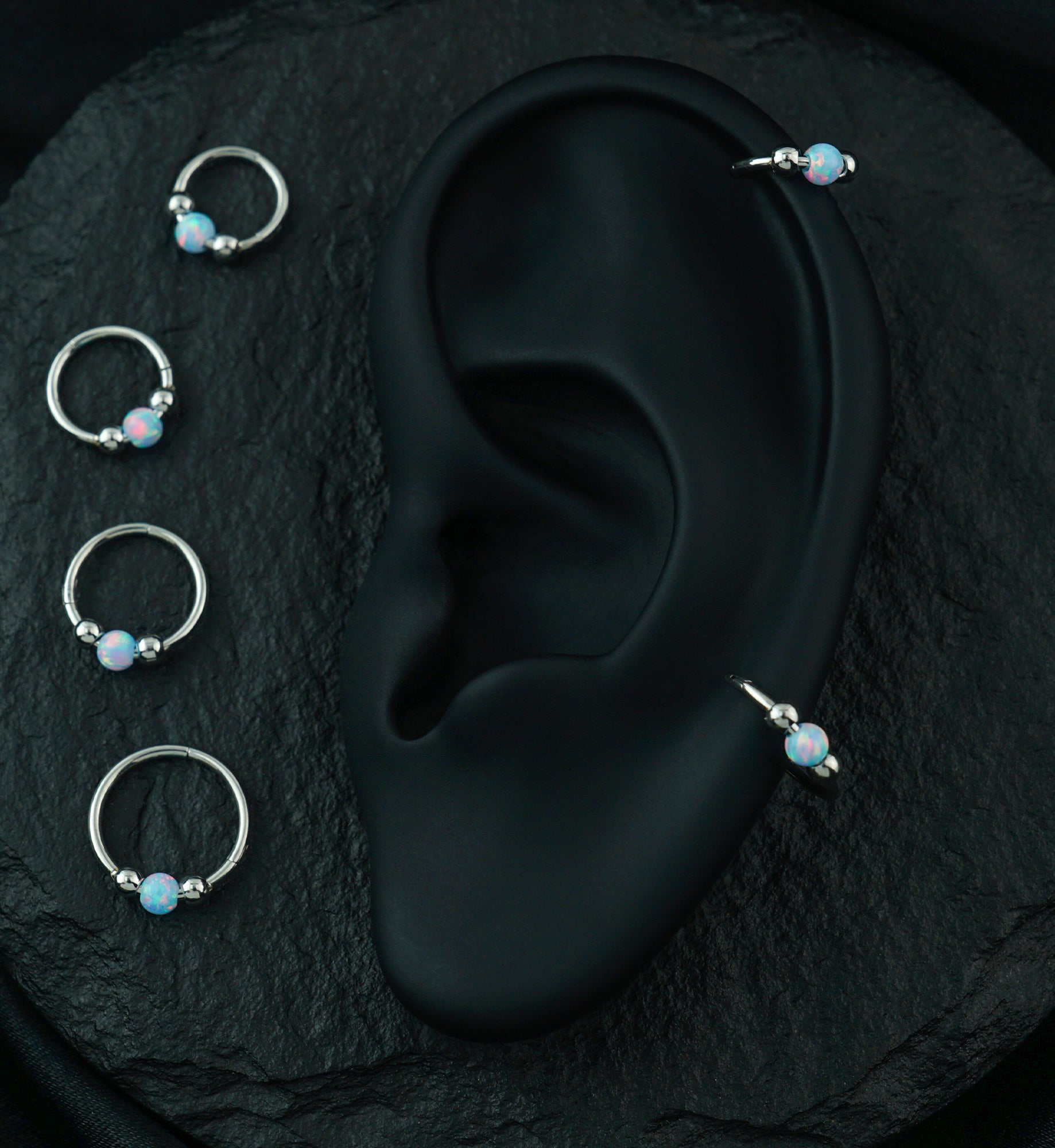 Triple Ball White Opalite Stainless Steel Hinged Segment Ring