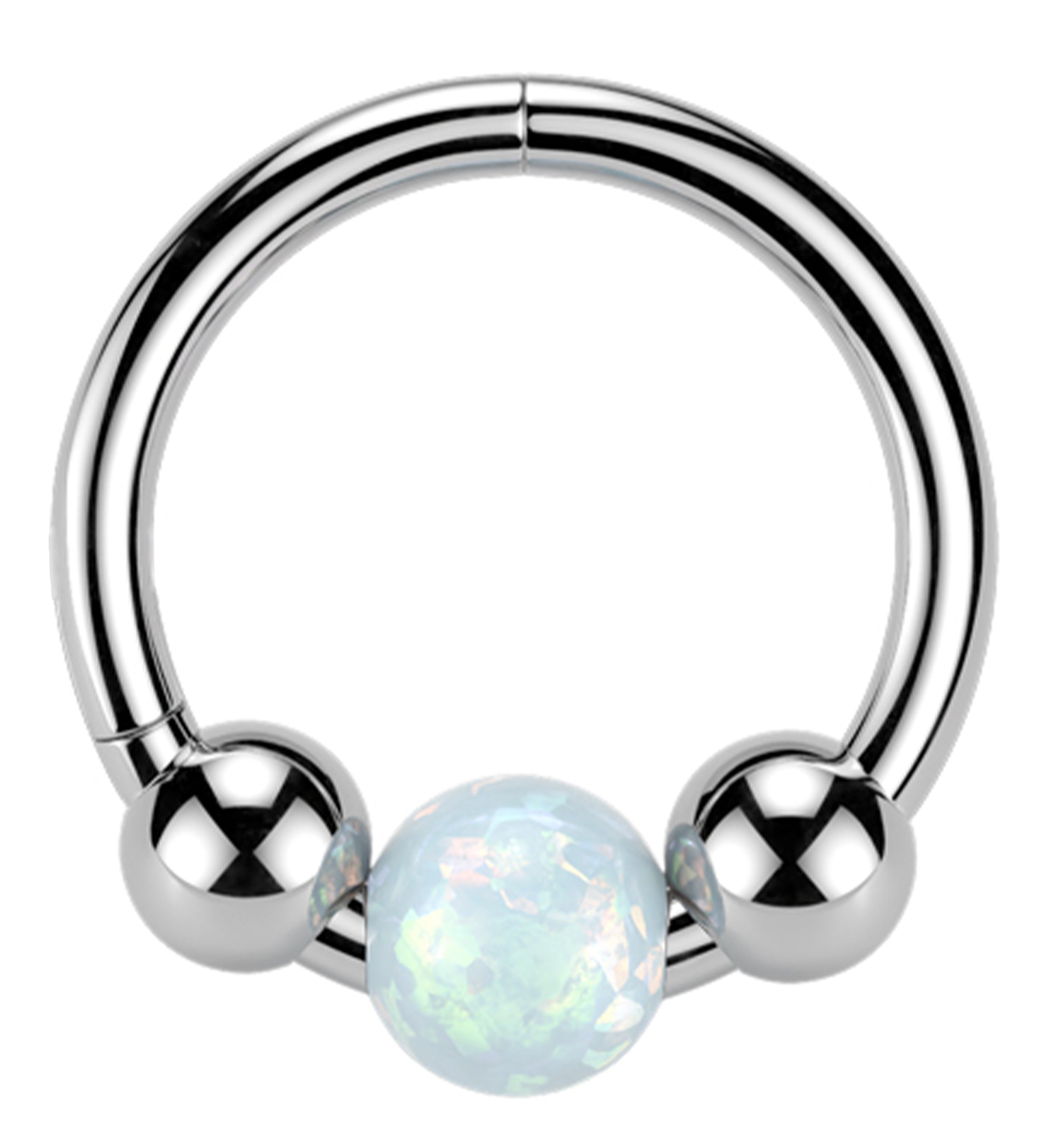 Triple Ball White Opalite Stainless Steel Hinged Segment Ring