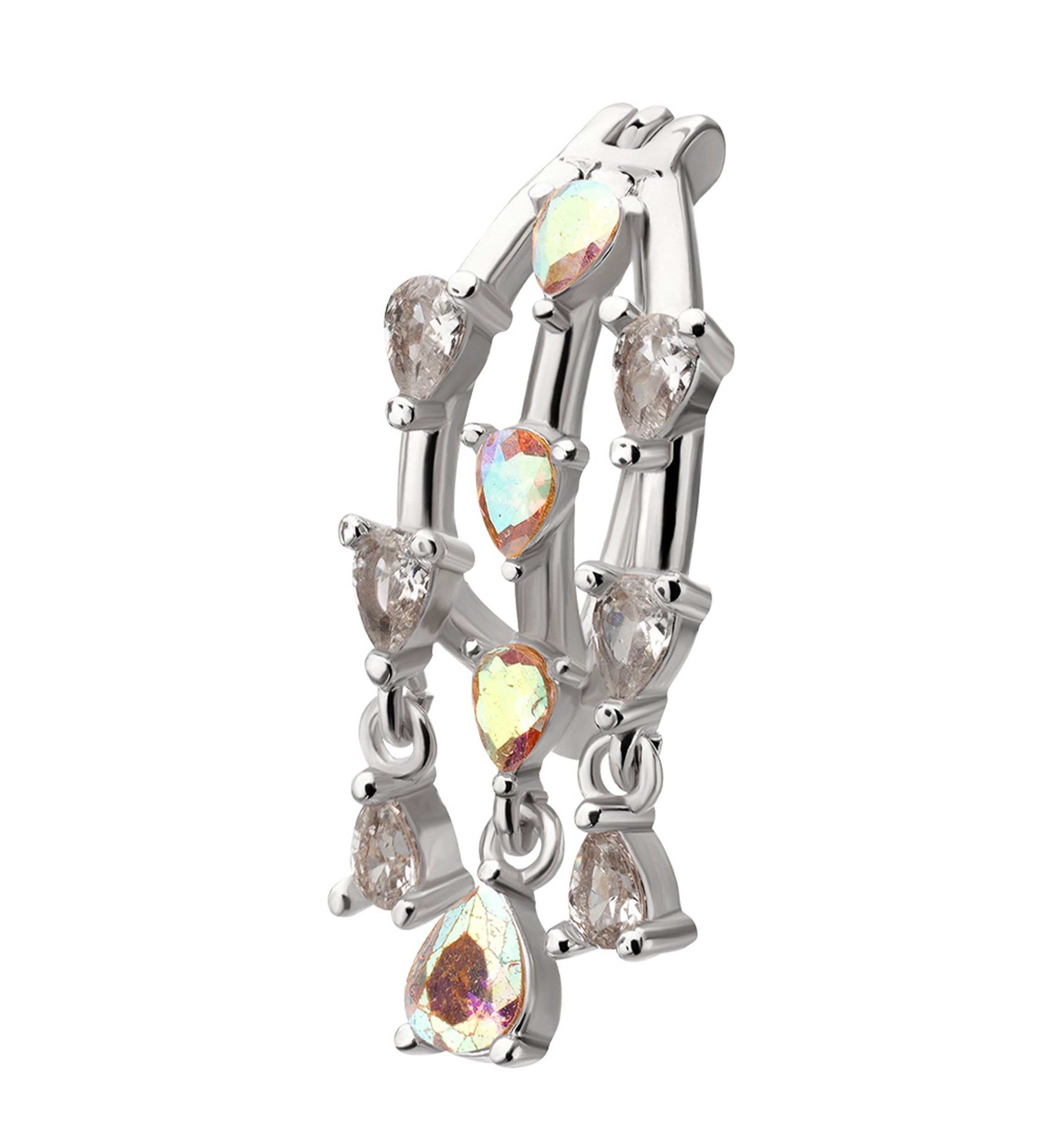 Triple Bar Teardrops Rainbow Aurora CZ Dangle Stainless Steel Hinged Belly Button Ring