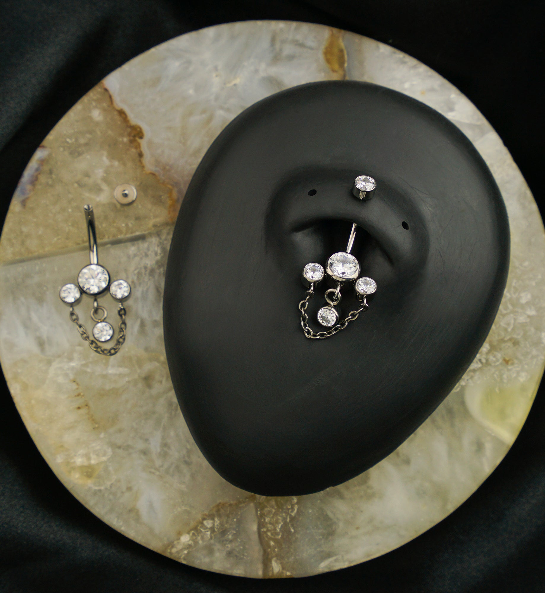 Triple Bezel Clear CZ Dangle Chain Titanium Internally Threaded Belly Button Ring