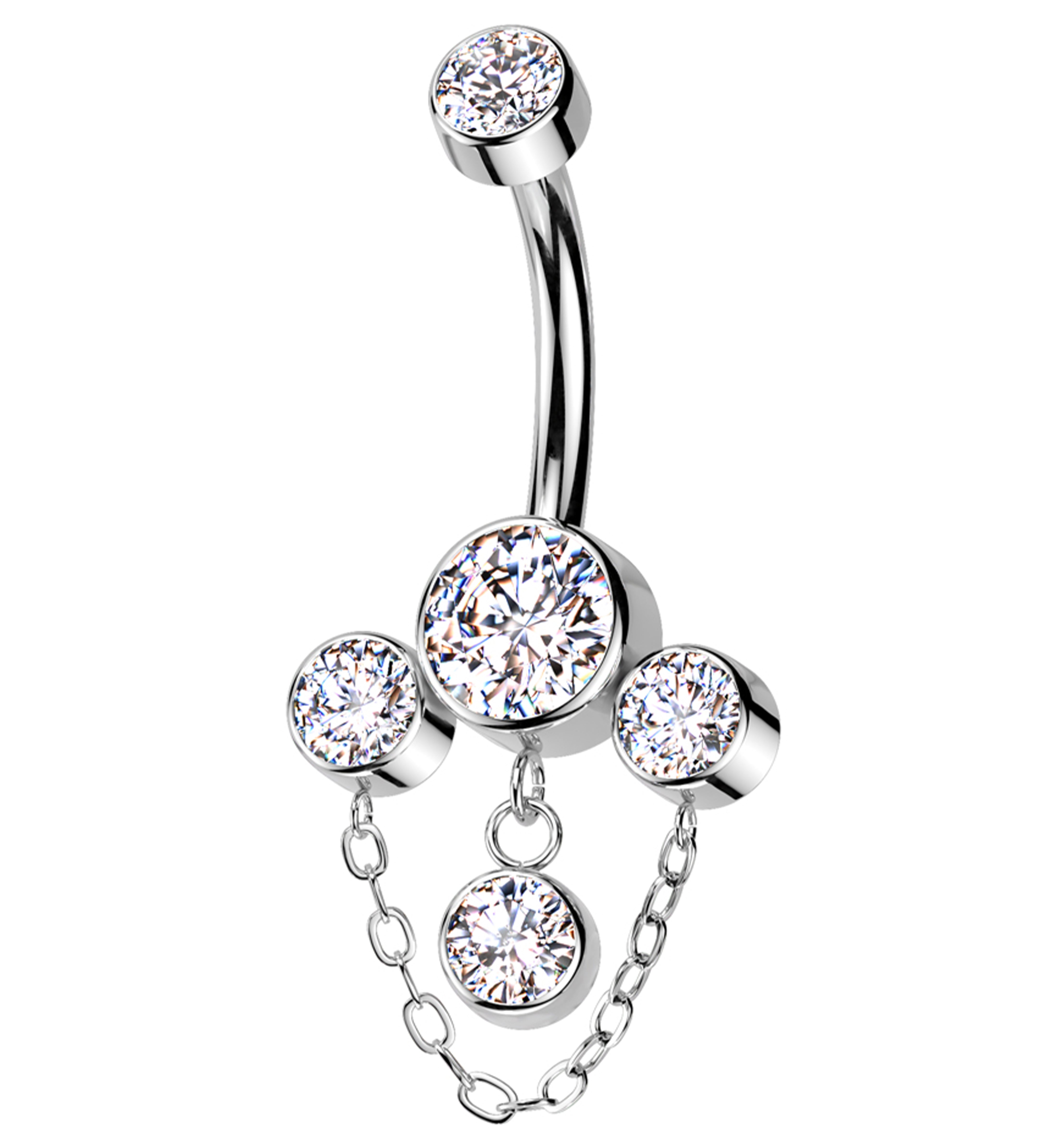 Triple Bezel Clear CZ Dangle Chain Titanium Internally Threaded Belly Button Ring