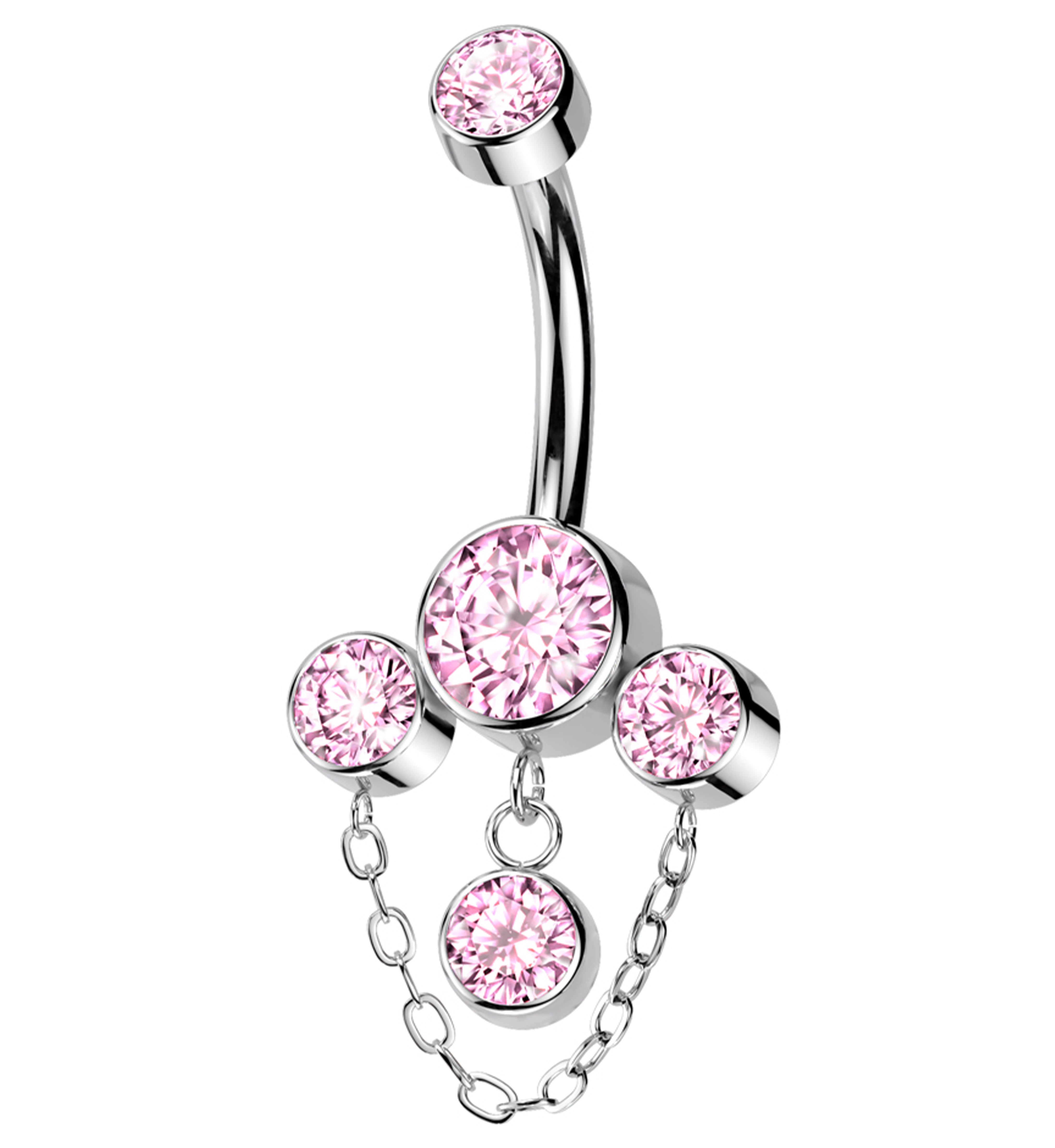 Triple Bezel Light Pink CZ Dangle Chain Titanium Internally Threaded Belly Button Ring