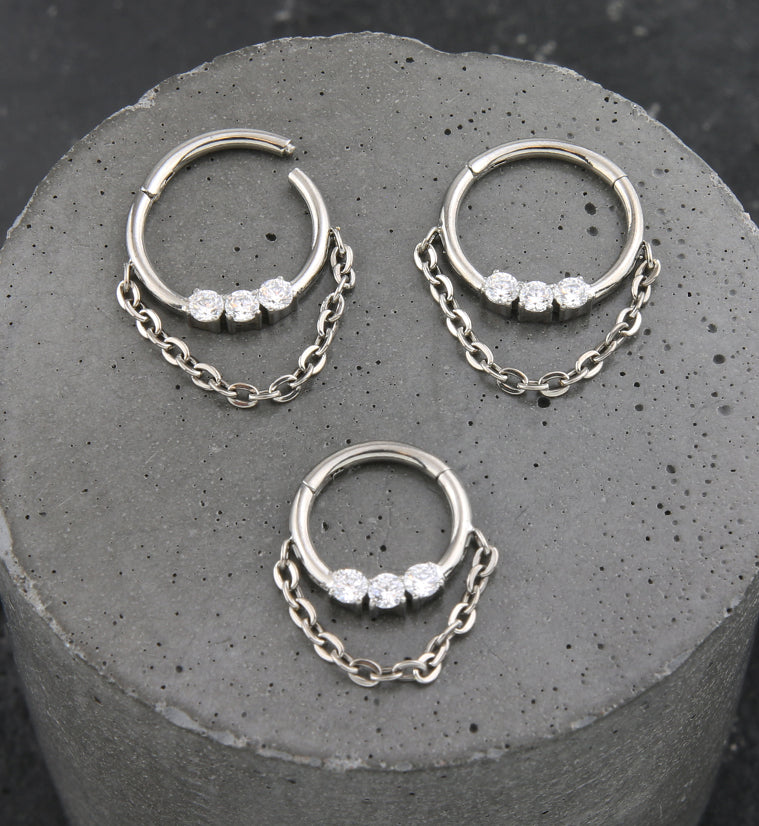 Triple Clear CZ Dangle Chain Titanium Hinged Segment Ring