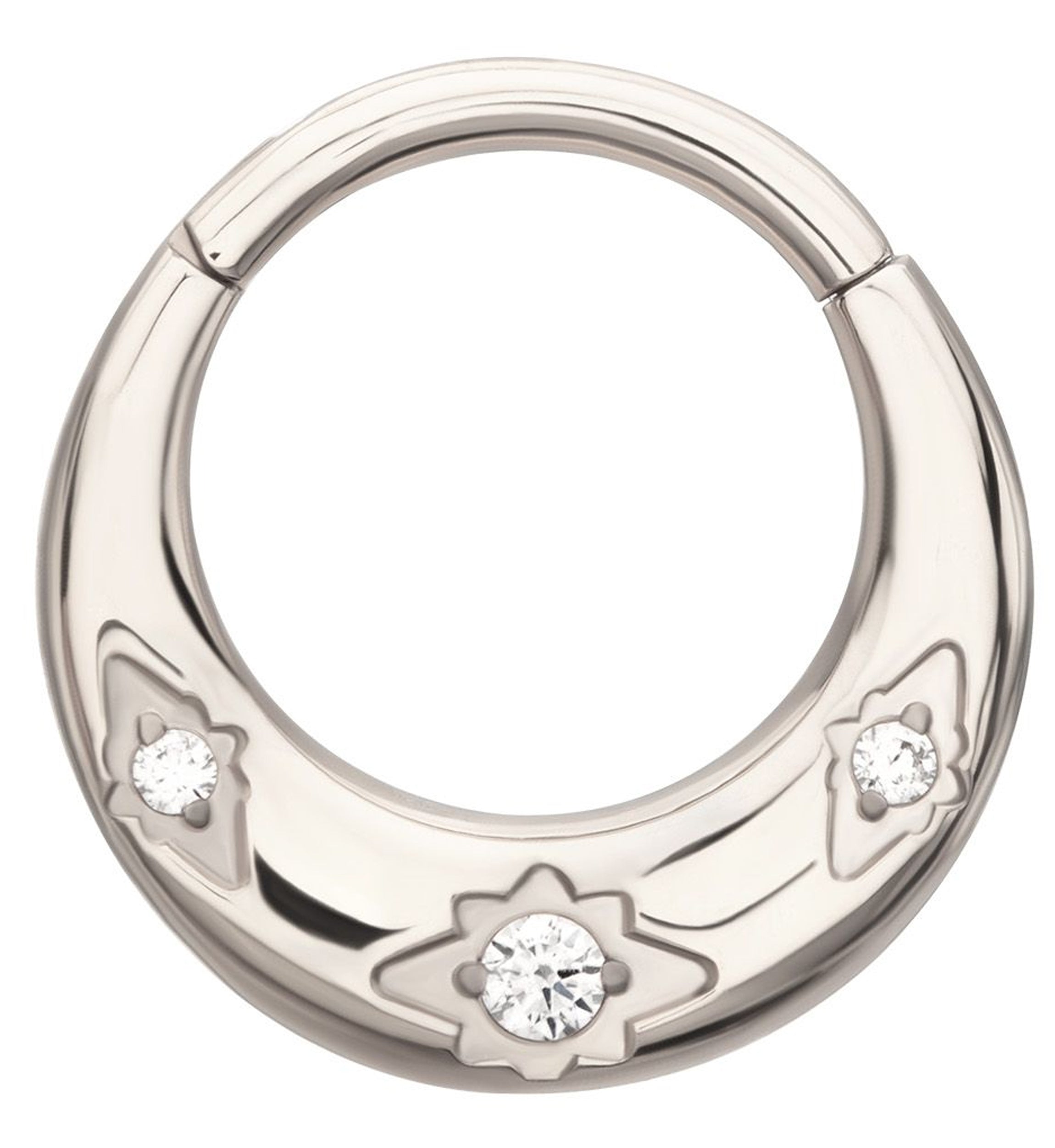 Triple Etched Star Clear CZ Titanium Hinged Segment Ring
