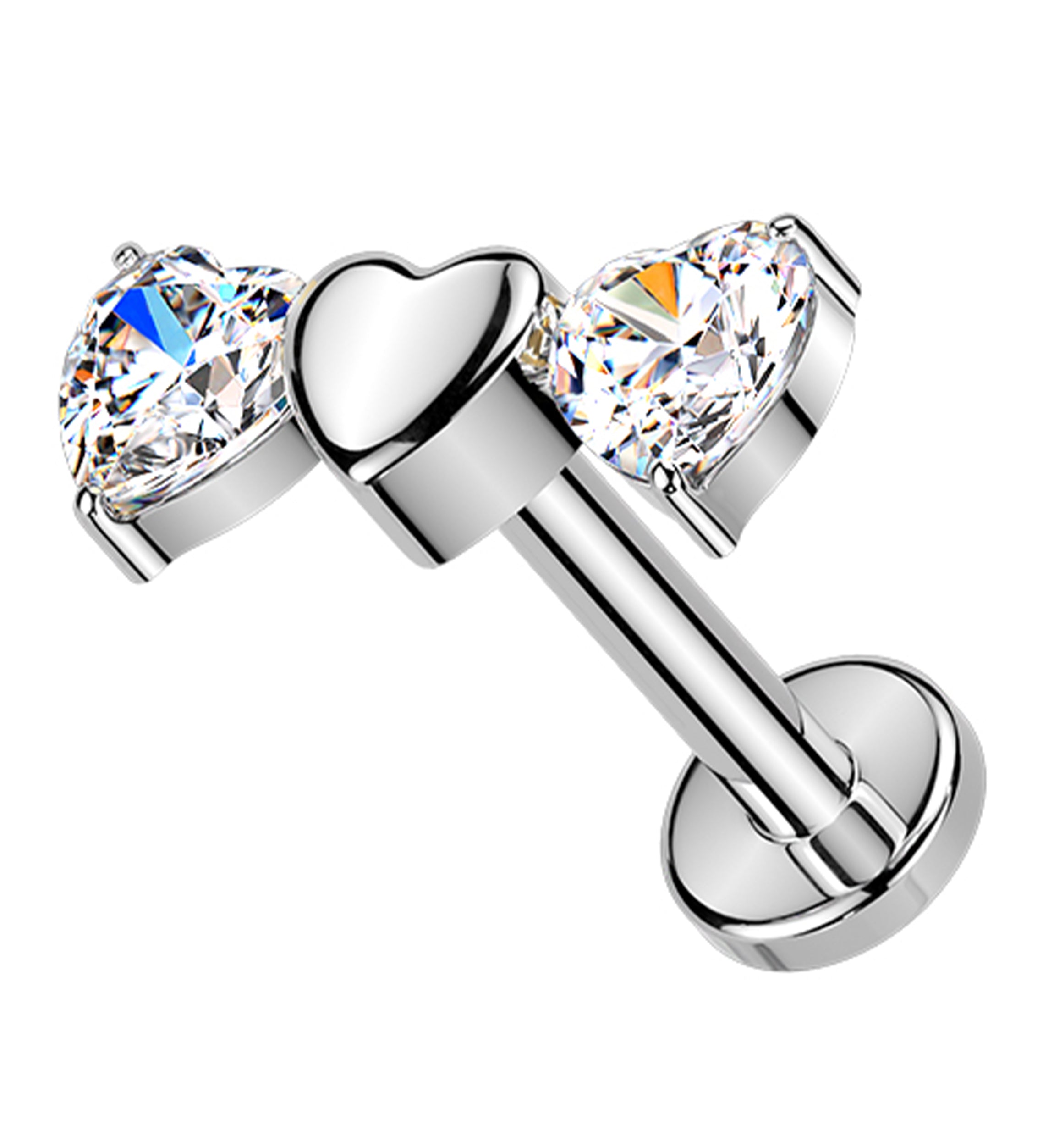 Triple Heart Clear CZ Titanium Threadless Labret