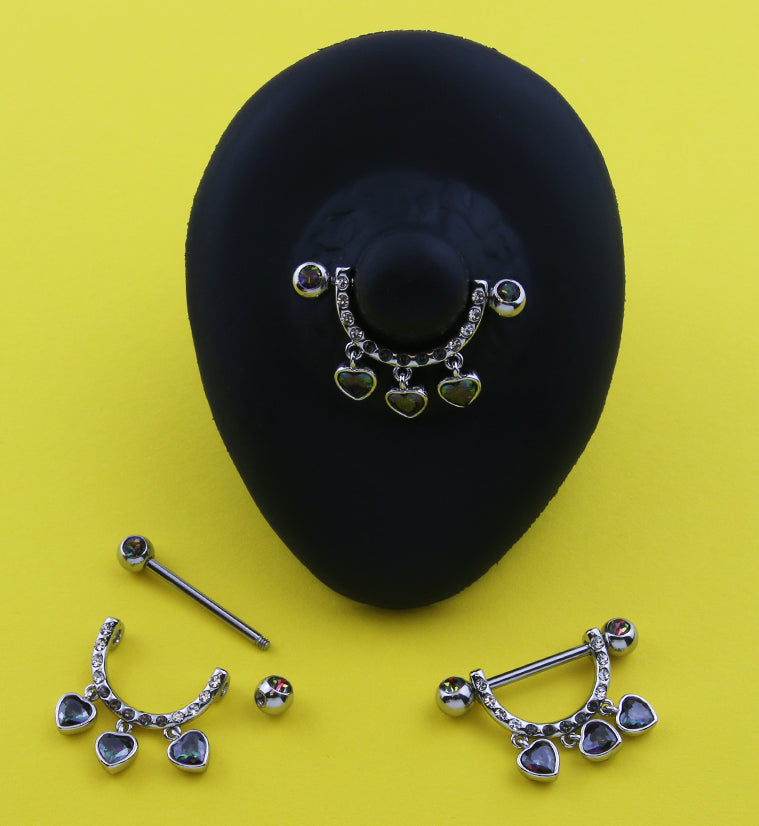 Triple Heart Dangle Black Aurora CZ Stainless Steel Nipple Barbell