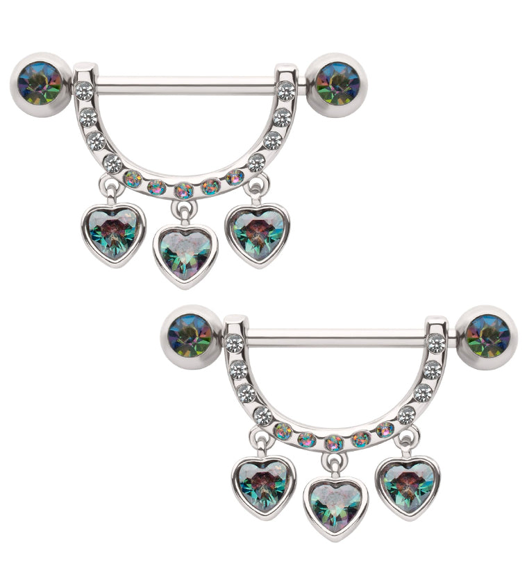 Triple Heart Dangle Black Aurora CZ Stainless Steel Nipple Barbell