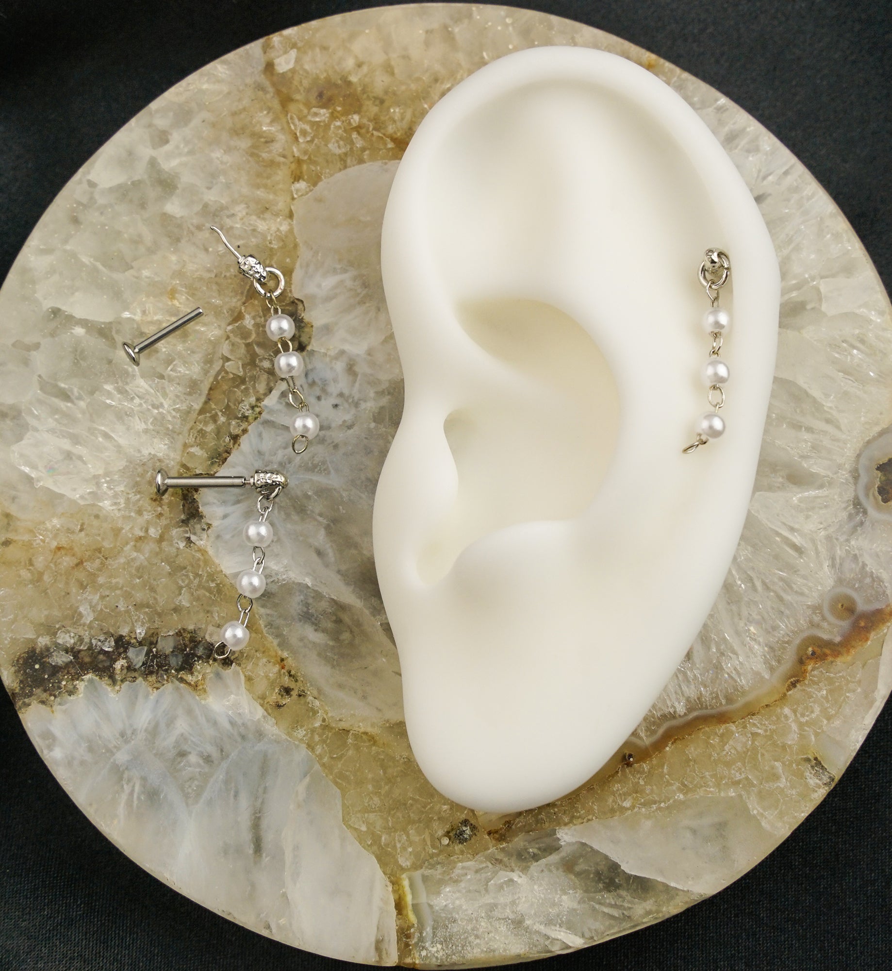 Triple Pearl Dangle Stainless Steel Convex Back Threadless Labret