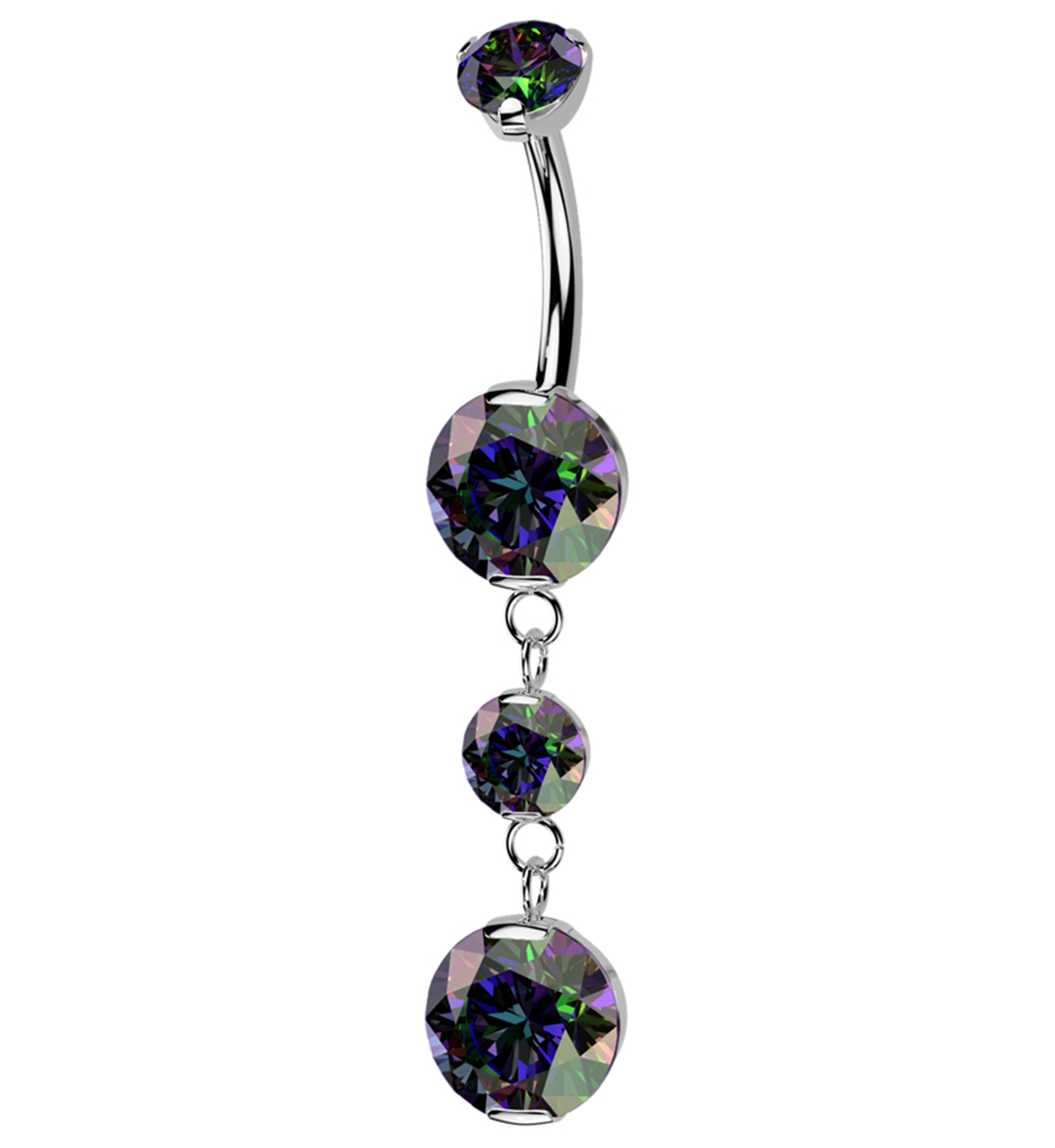 Triple Prong Black Aurora CZ Dangle Titanium Internally Threaded Belly Button Ring