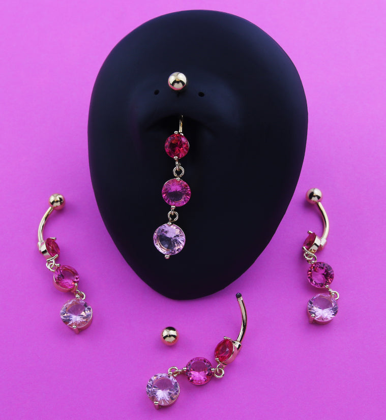 Gold PVD Triple Round Pink CZ Dangle Stainless Steel Belly Button Ring