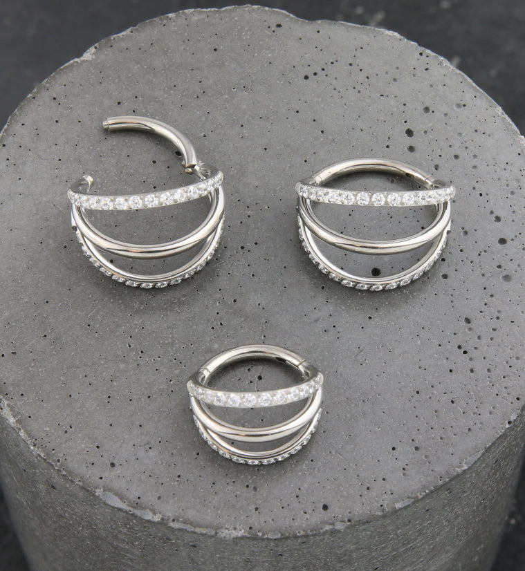 Triple Side Bar Dual Clear CZ Row Titanium Hinged Segment Ring