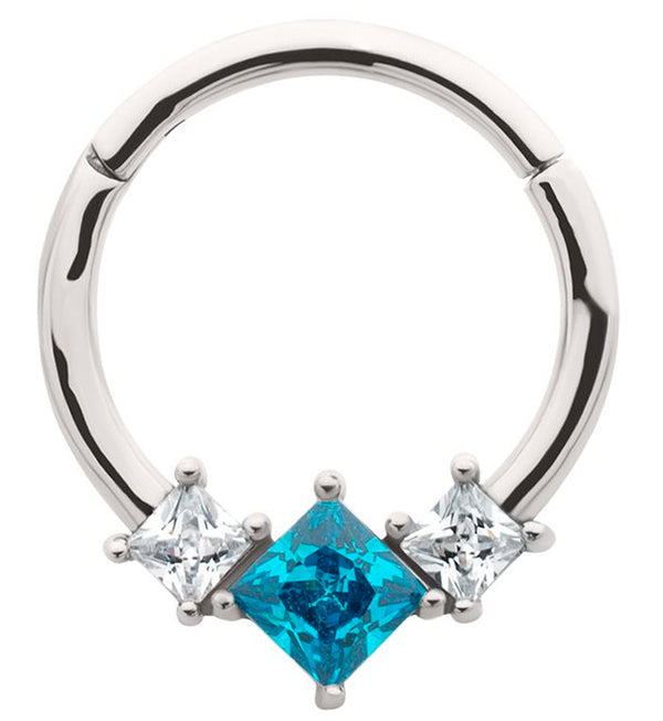 Triple Square Aqua And Clear CZ Stainless Steel Hinged Segment Ring