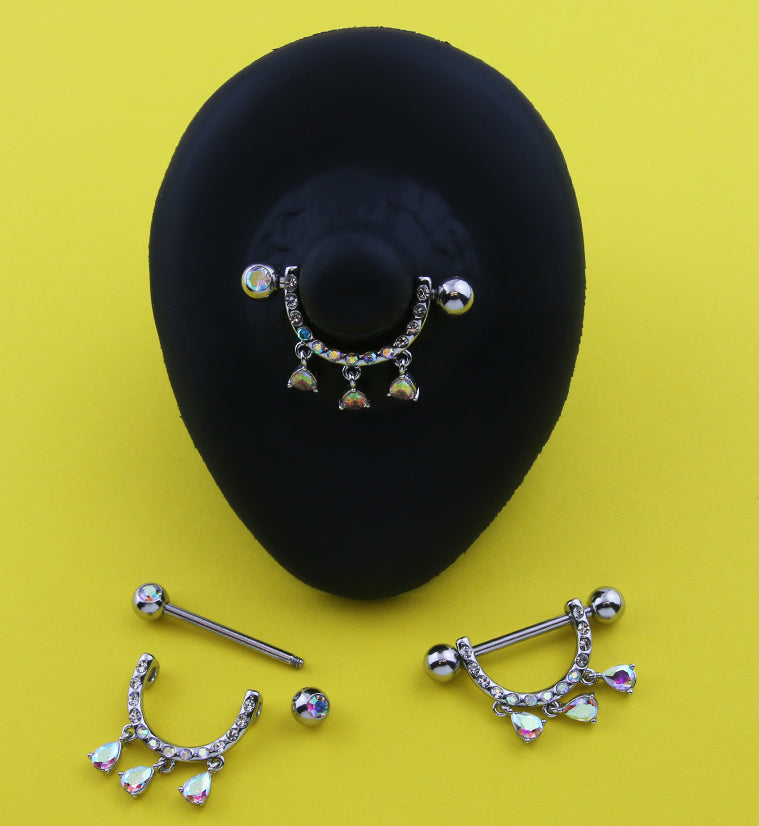 Triple Teardrop Dangle Rainbow Aurora CZ Stainless Steel Nipple Barbell
