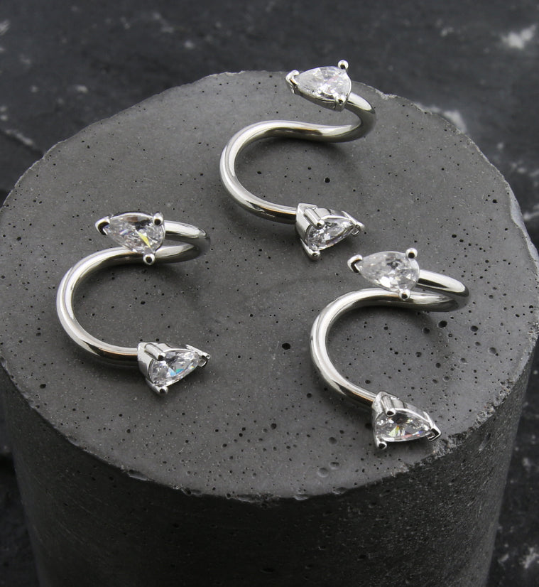Twisted Clear Teardrop CZ Stainless Steel Barbell