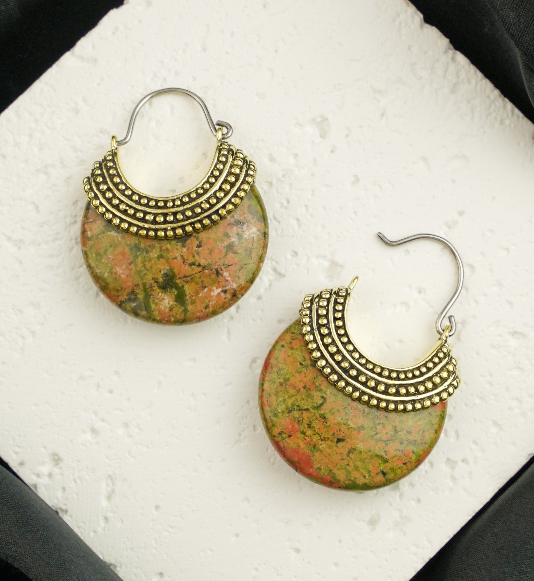 Unakite Beaded Brass Stone Earrings