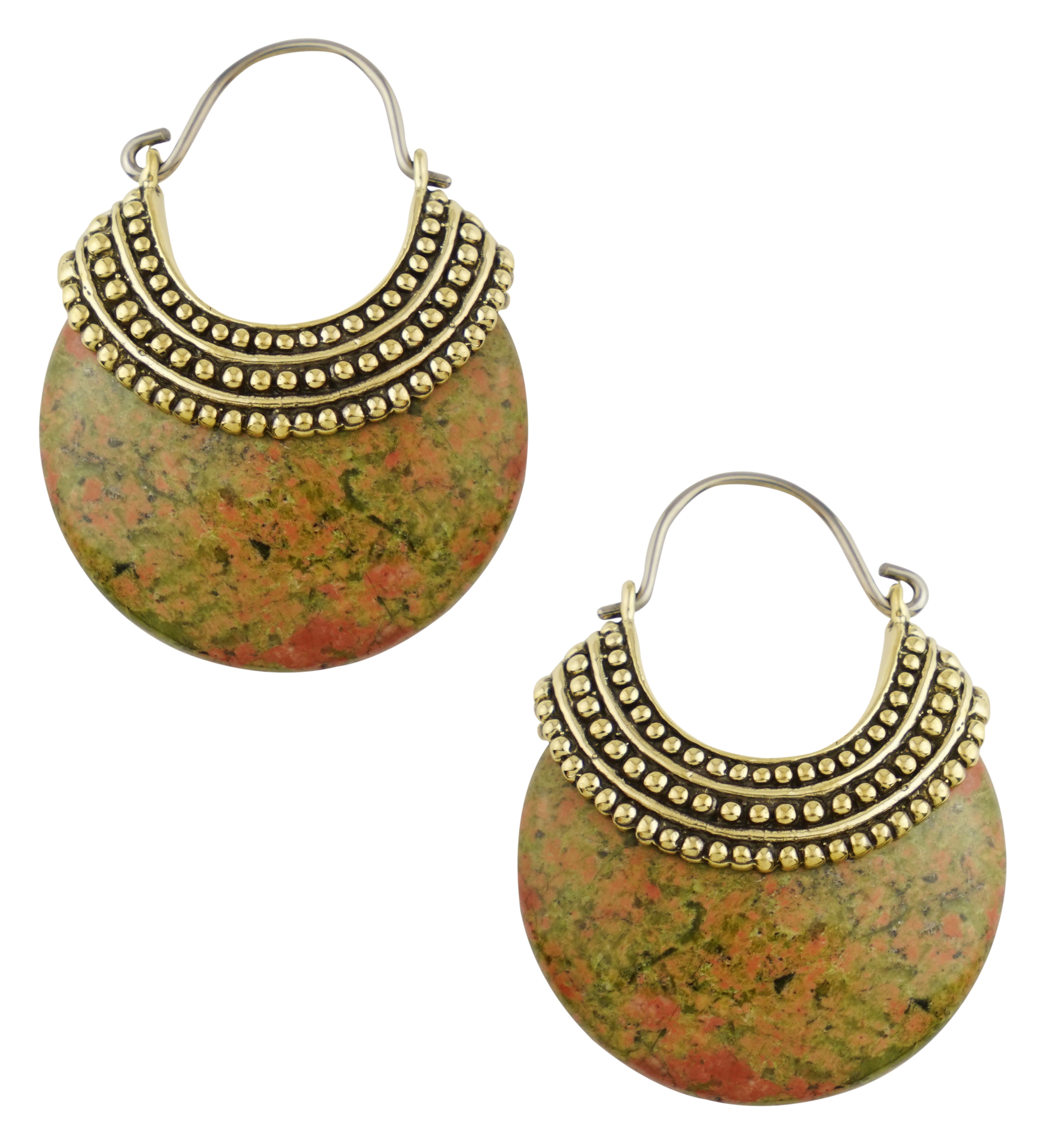 Unakite Beaded Brass Stone Earrings