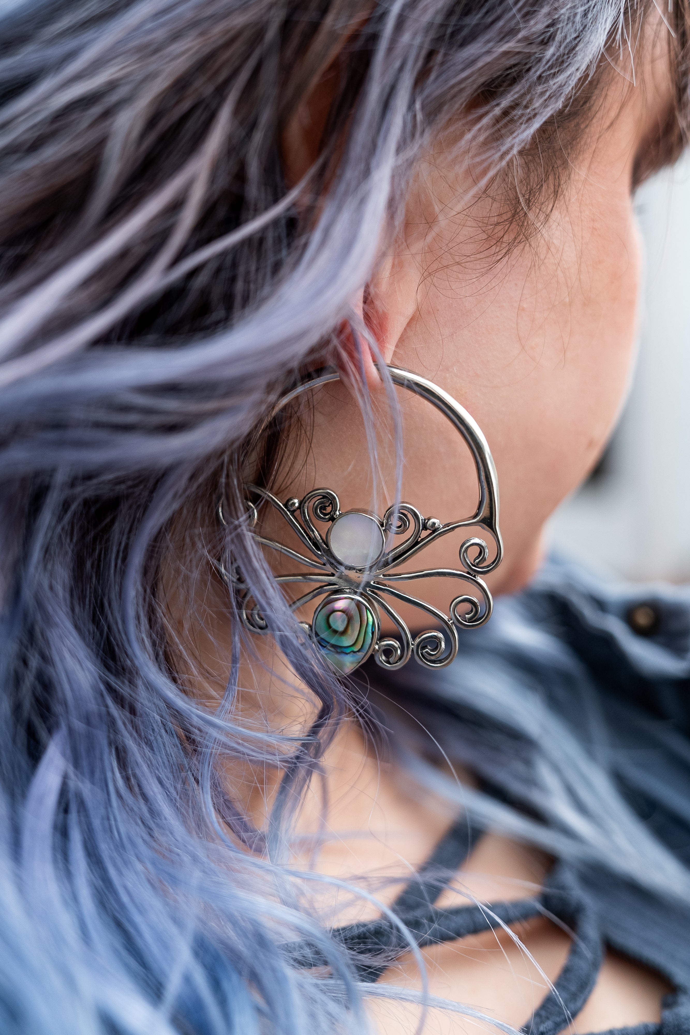 White Brass Butterfly Earrings With Abalone Shell Inlay