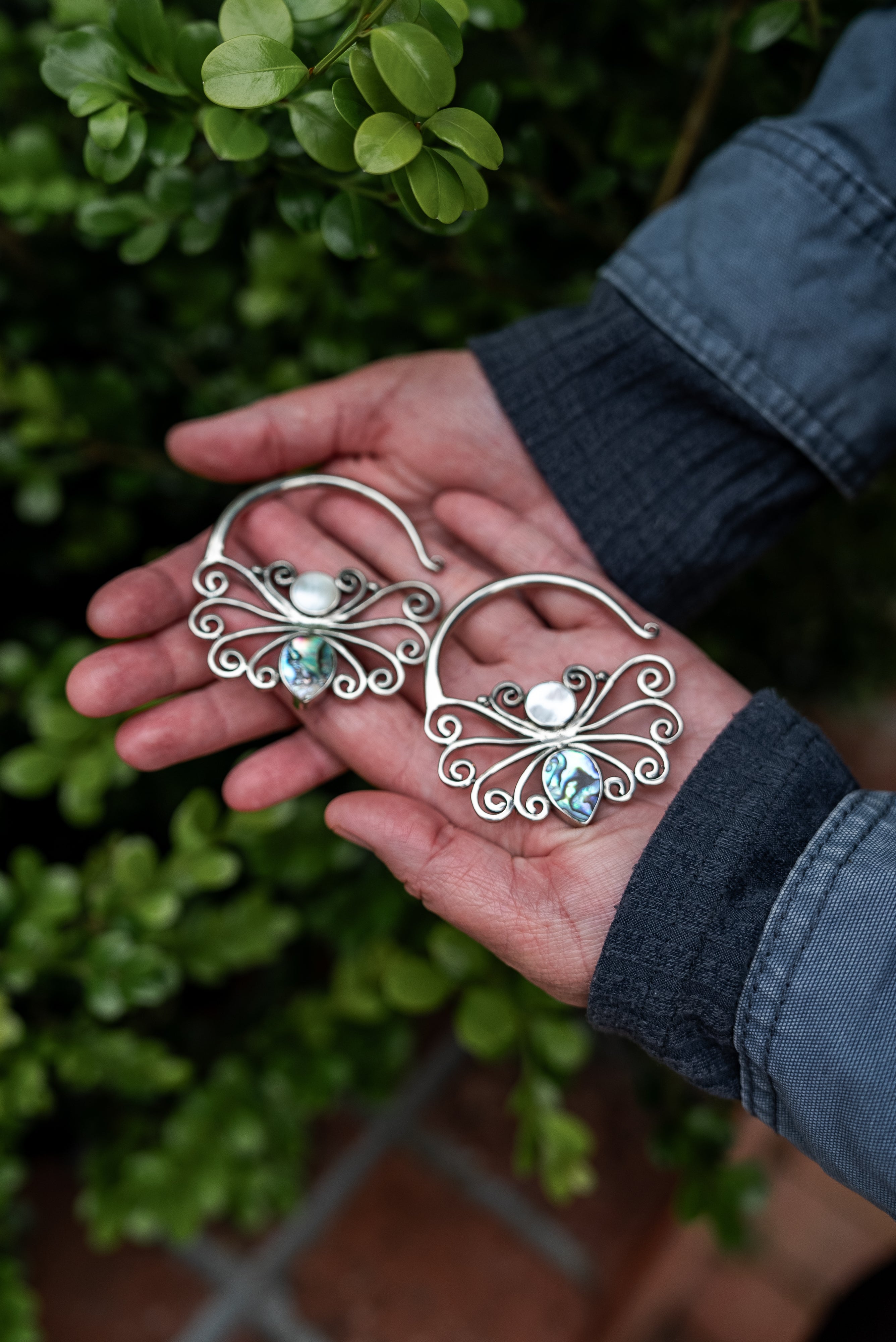 White Brass Butterfly Earrings With Abalone Shell Inlay