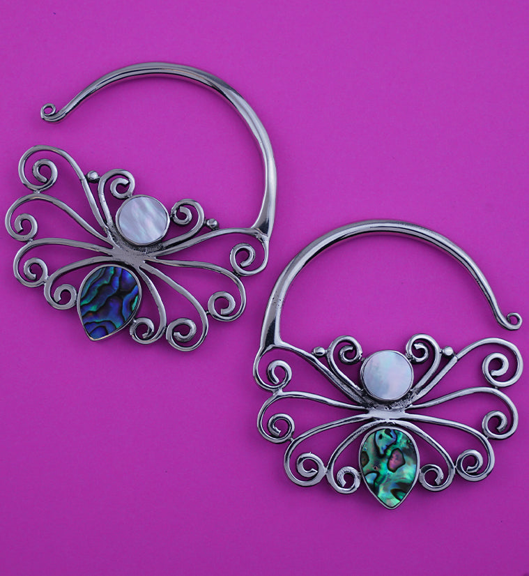 White Brass Butterfly Earrings With Abalone Shell Inlay