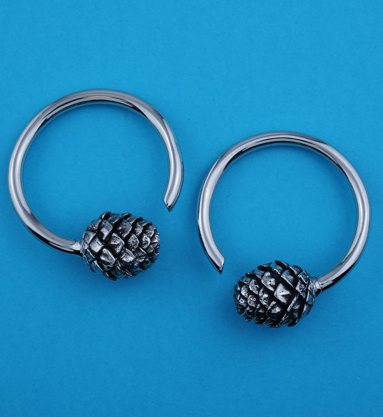 White Brass Pine Cone Hoop Ear Weights