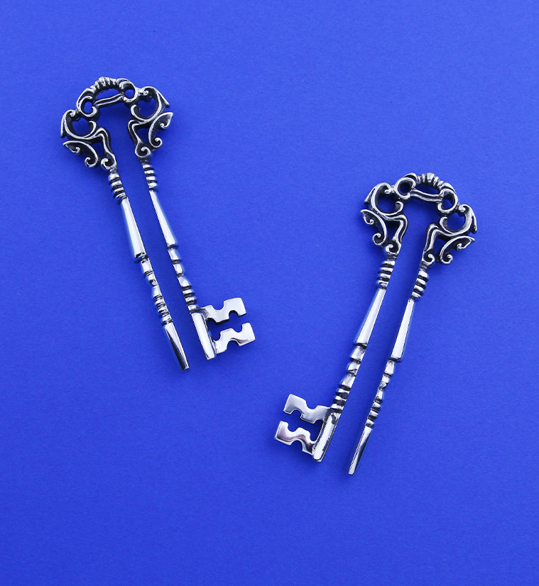 White Brass Skeleton Key Ear Weights