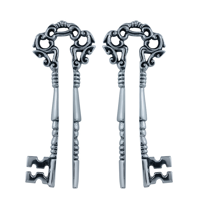 White Brass Skeleton Key Ear Weights