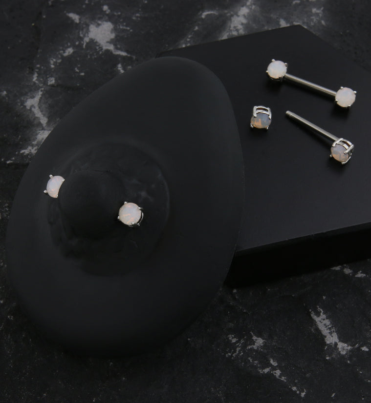White Opalite Prong Stainless Steel Nipple Barbell