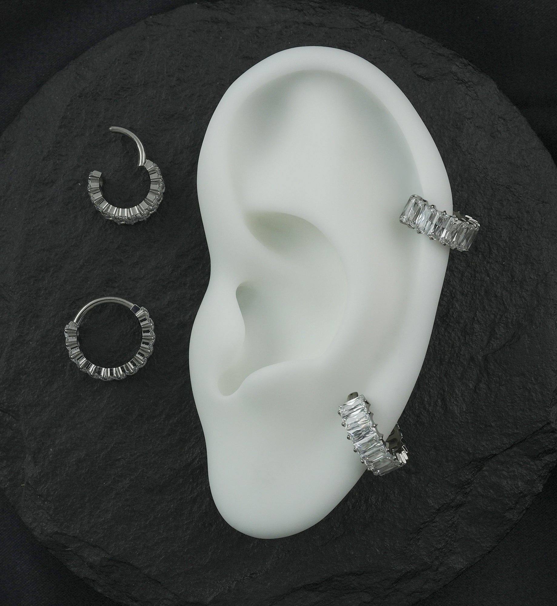 Wide Baguette Clear CZ Titanium Hinged Segment Ring