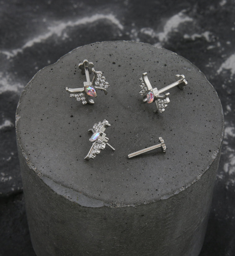 Wings Rainbow Aurora CZ Threadless Titanium Flower Back Labret