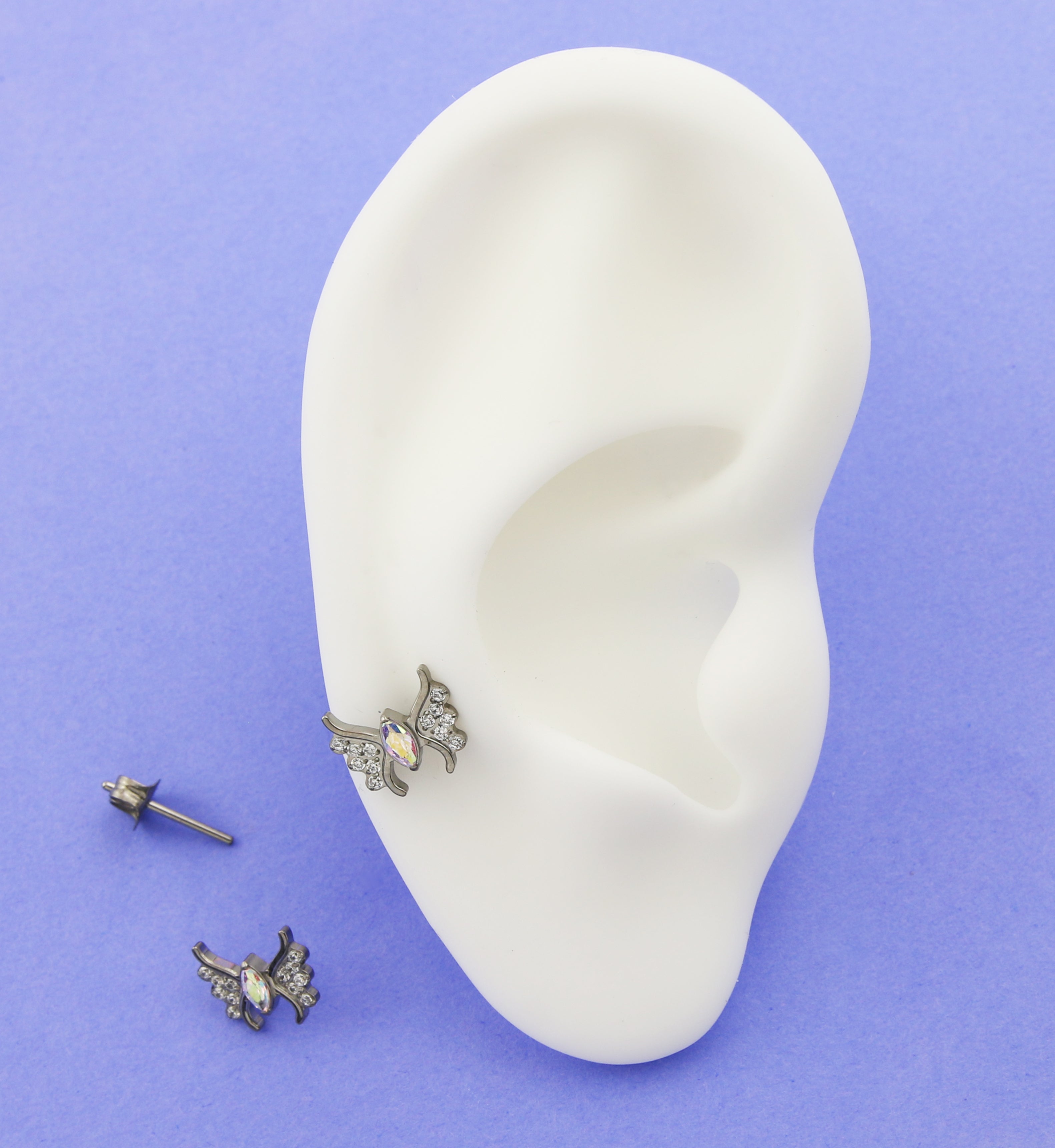 Wings Rainbow Aurora CZ Titanium Threadless Stud Earrings