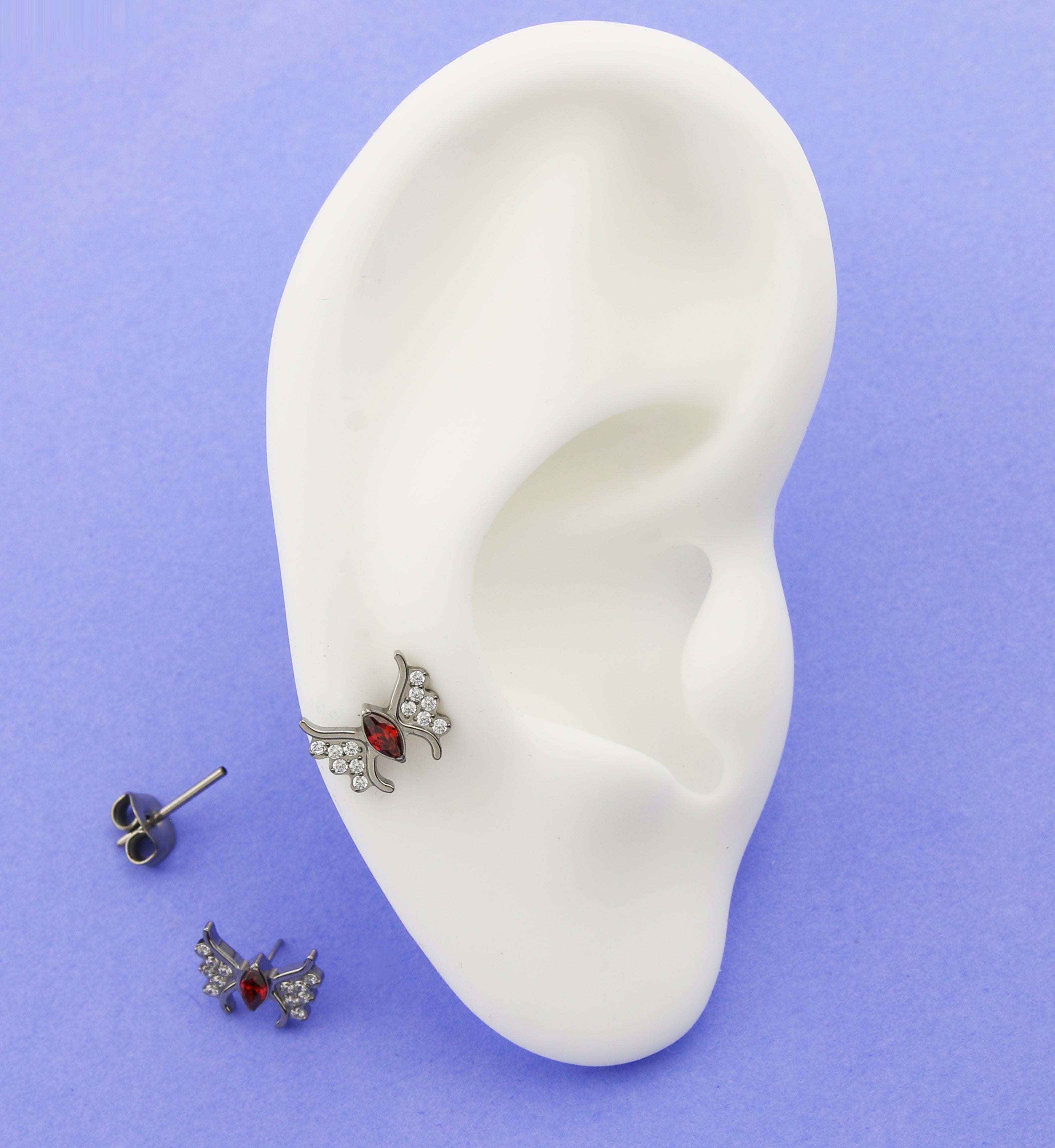 Wings Red CZ Titanium Threadless Stud Earrings
