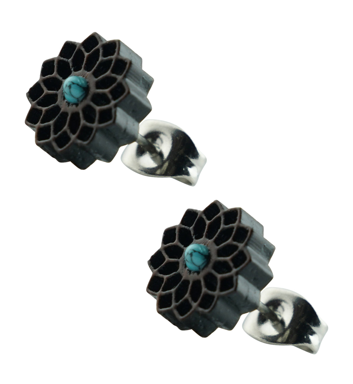 Wooden Dahlia with Turquoise Stone Stainless Steel Stud Earrings
