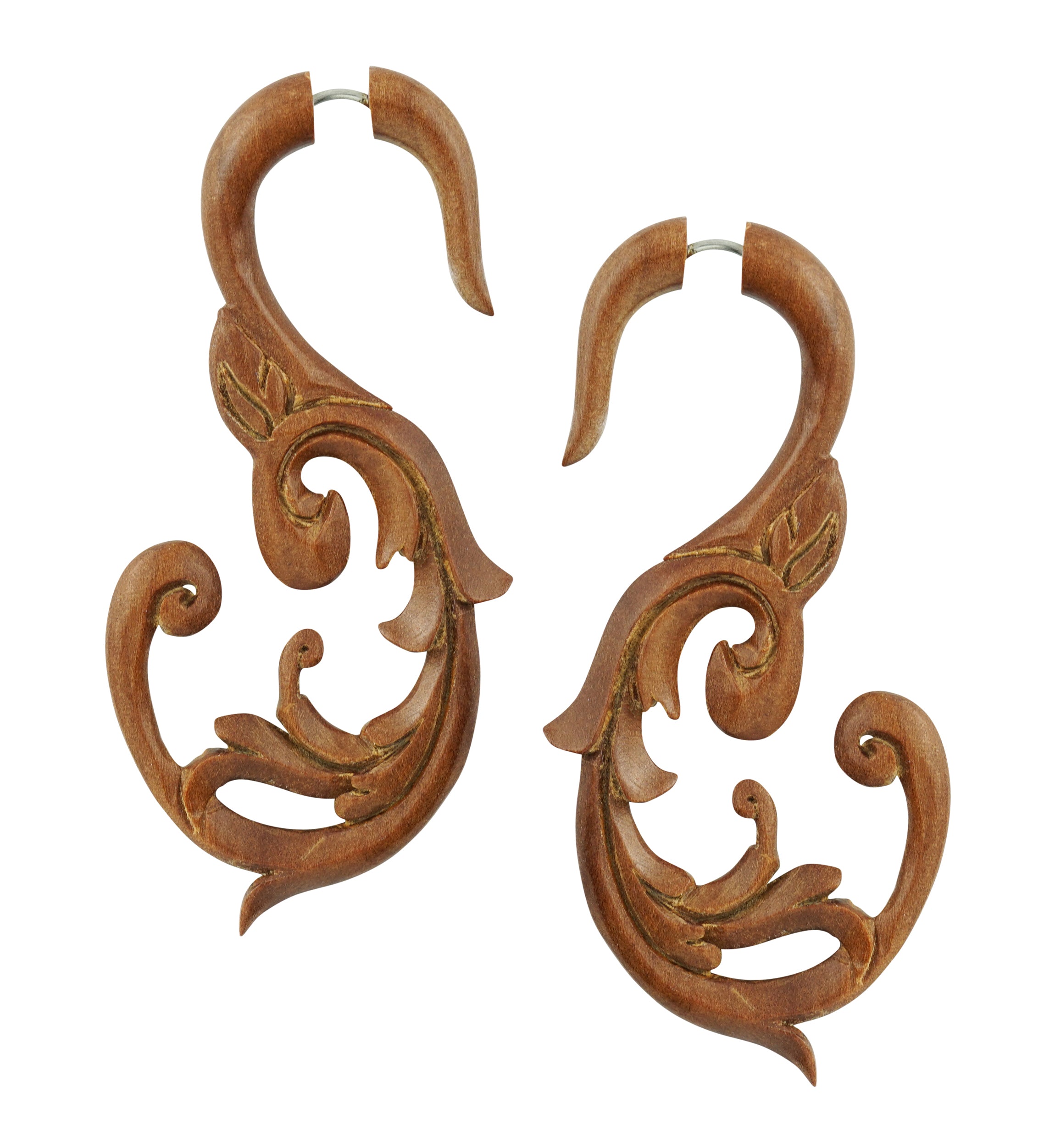 Wooden Nakoda Swirl Hanging Fake Gauge Earrings
