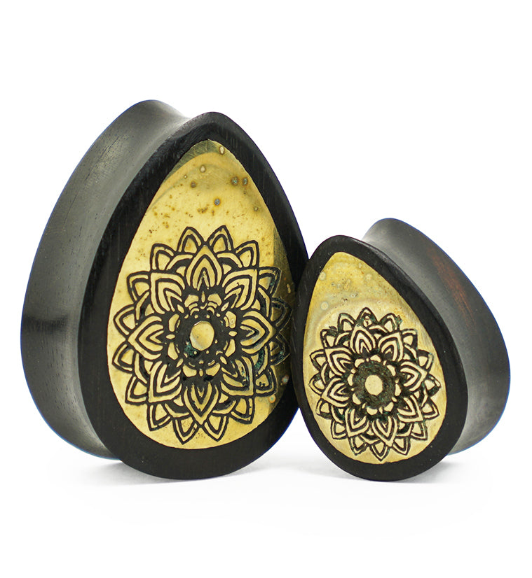 Areng Wooden Teardrop Plugs with Mandala Brass Inlay