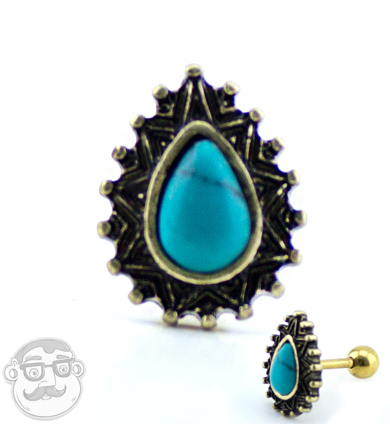 16G Antique Teardrop with Turquoise Tragus / Cartilage Barbell