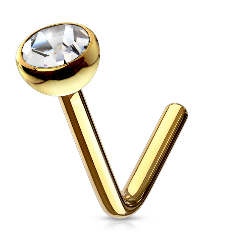 20G 14kt Gold L Shaped CZ Bezel Nose Ring
