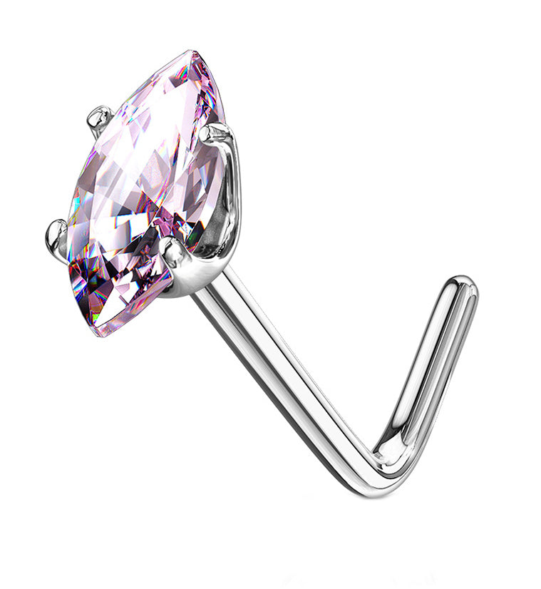14kt White Gold Ellipt Pink CZ L Bend Nose Ring