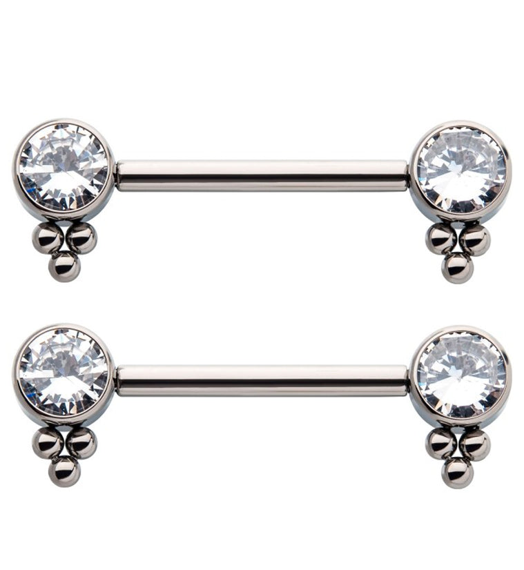 14G Double Drop Bead CZ Threadless Titanium Nipple Ring Barbell