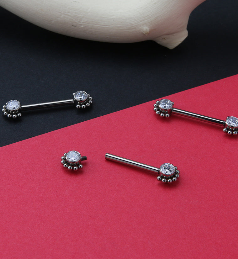 14G Encircled Double CZ Titanium Nipple Ring Barbell